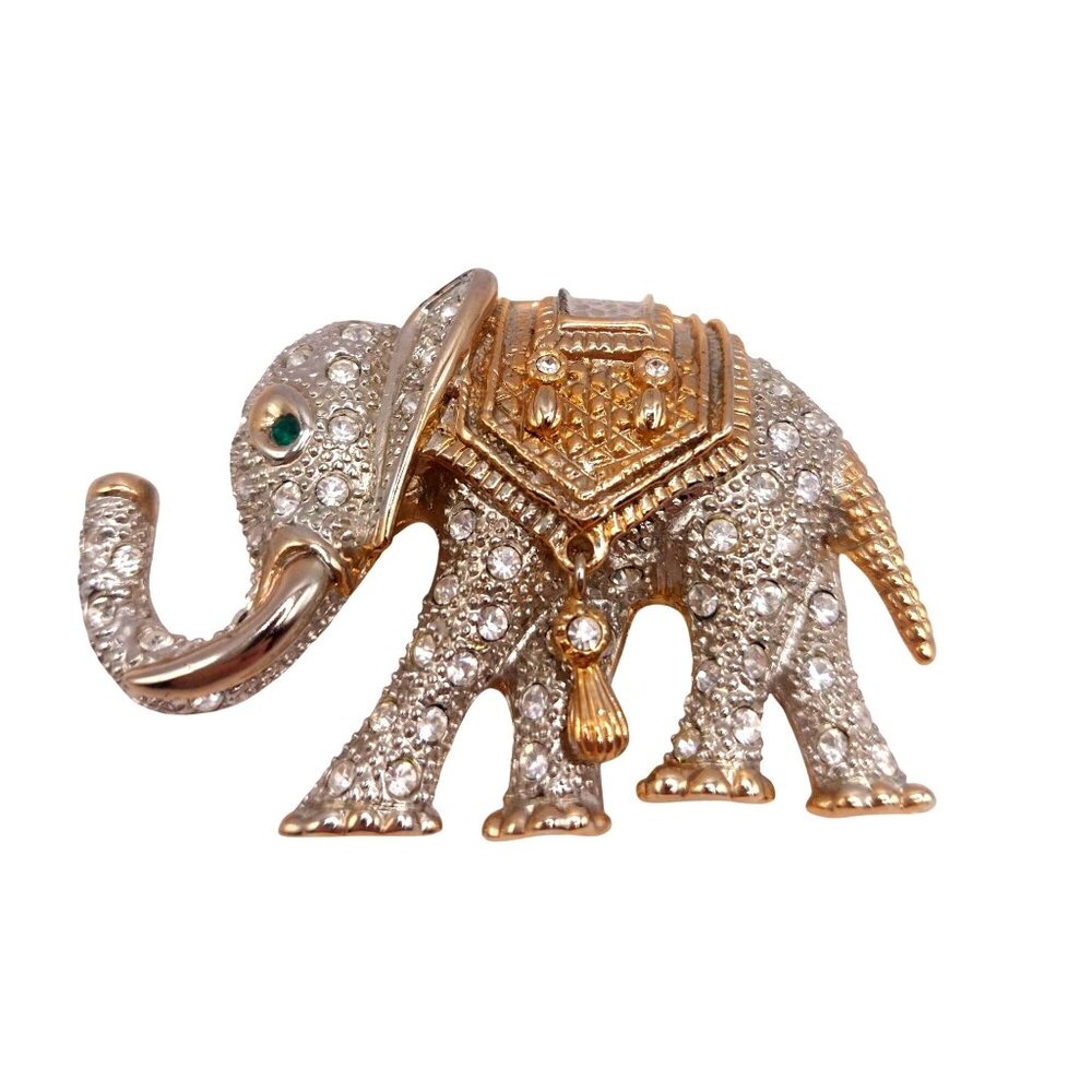 Estate Elephant Rhinestone Brooch Pin Vintage-Inspired W Green Eye~Hanging Charm